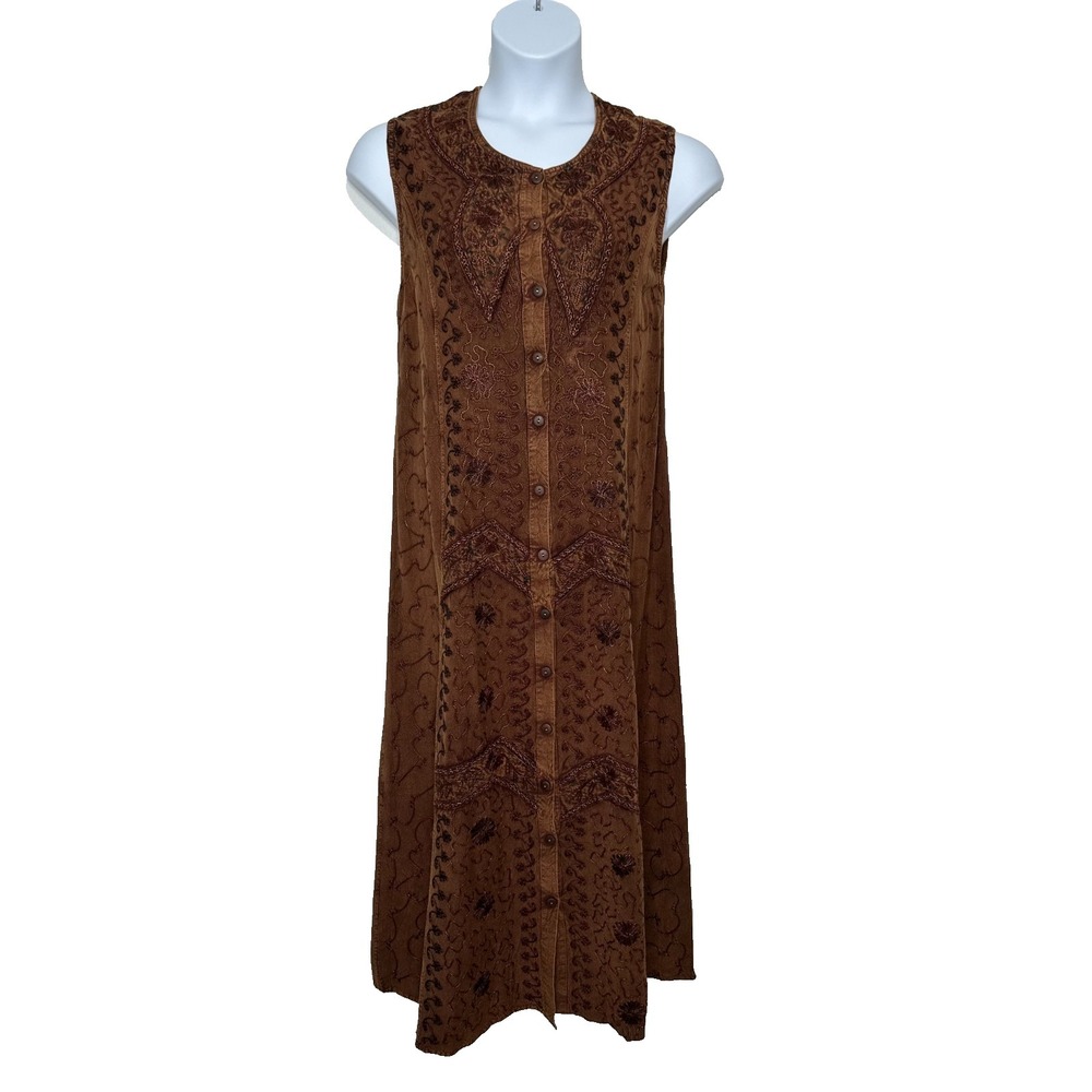 Renaissance Sleeveless Button front Midi Dress Size M‎ Brown Embroidered